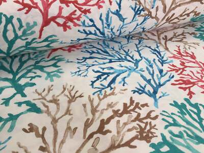 Blue Coral Reef Fabric Curtain Cotton Material Sea Teal Red Corals