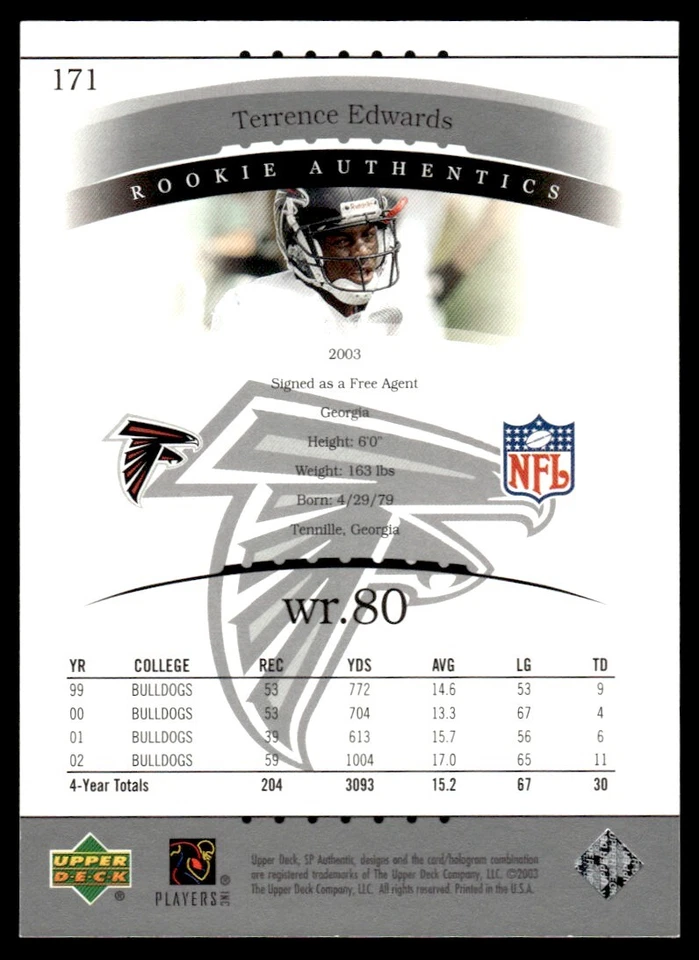 2003 SP Authentic Terrence Edwards Rookie 0364/1200 Atlanta Falcons #171A R86 - Image 2 of 2
