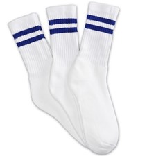 12 Pairs 1 Dozen Crew White Socks with 2 Blue Stripes Classic Retro Old School
