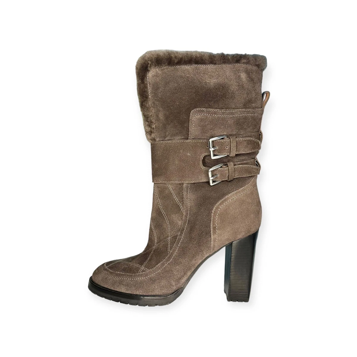 Sigerson Morrison Evanlee Suede Dyed Shearling Mid Calf Boot Taupe Brown Size 8