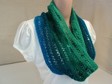 Handcrafted Cowl Blues and Greens Drop Stitch 100% Wool Female Adult Striped