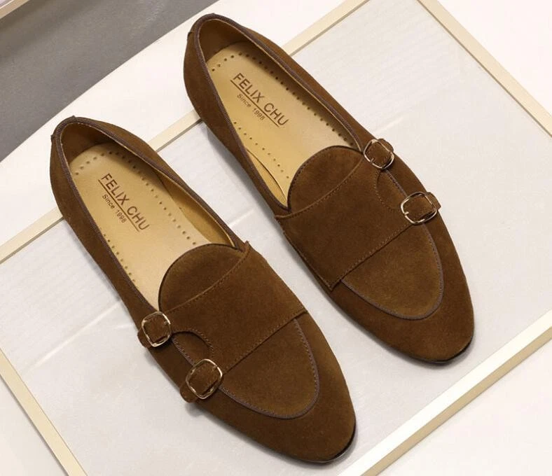 Moda Para hombres Británica Puntera Redonda Hebilla Correa Sin Cordones Mocasines Informales Gamuza Zapatos_ Foto 3 de 4