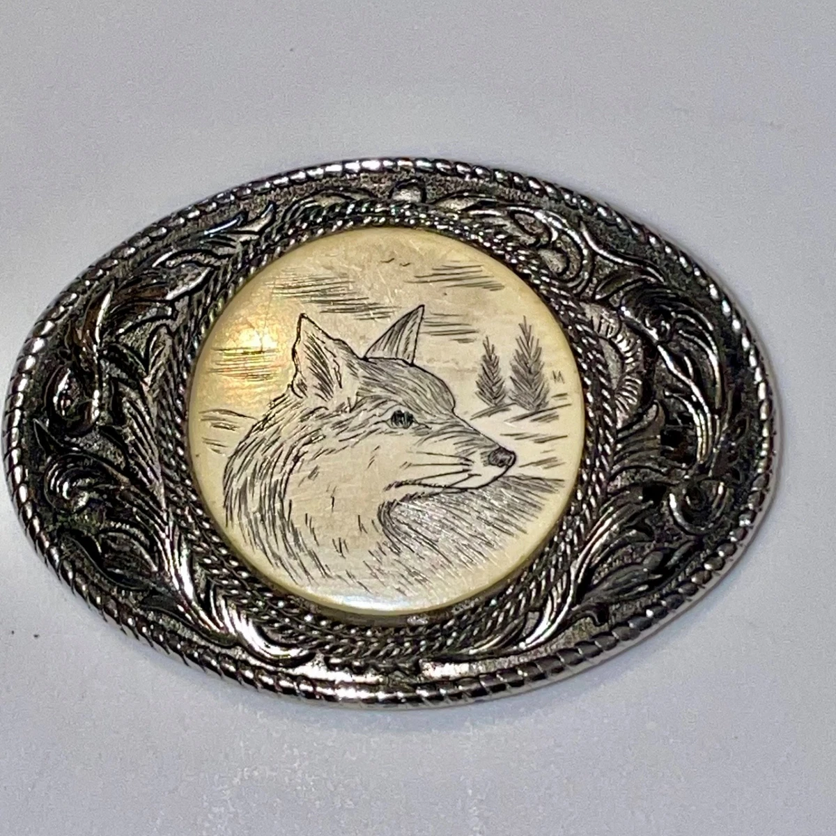 RARE VTG Anacortes Solid Brass Works Belt Buckle Howling Wolf Forest Made In USA Steampunk Belt Buckle Wolf, Solid Brass Sculptural Victorian  main image 2