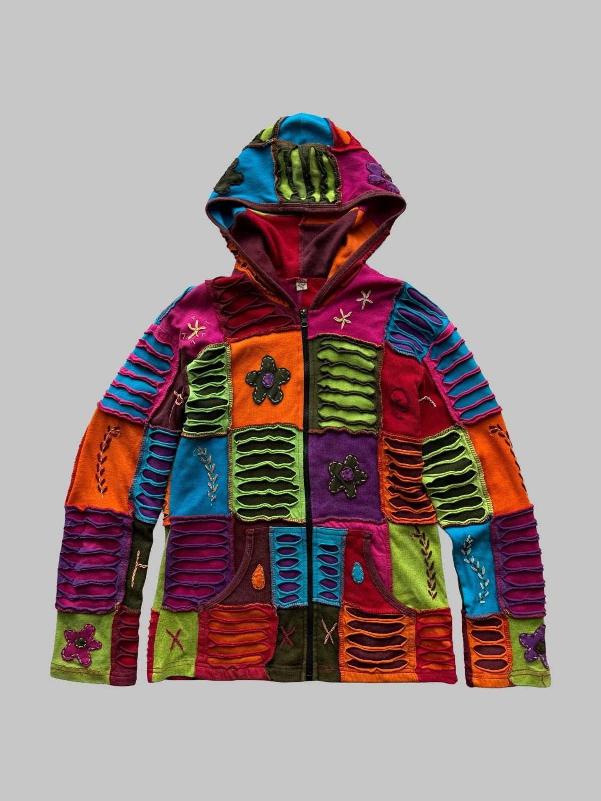 Nepal Patch Work Custom Handmade Zip Hoodie Y2K Japanese Gothic Crazy Style Sz S