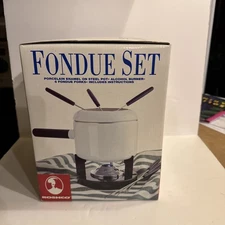 NEW Roshco Fondue Set White Porcelain Enamel On Steel Pot w/ 6 Forks