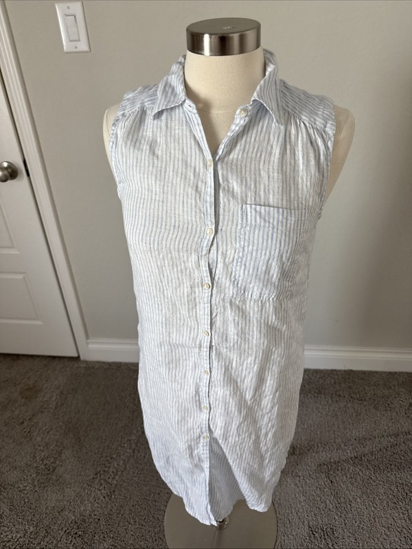 Sundance Sleevless Long Blouse 100% Linen Blue/white NWT XS