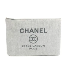 Auth CHANEL Deauville Nylon Canvas Pouch Clutch Bag Light Gray A80118 Used F/S