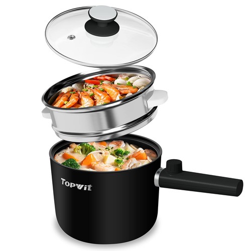 Hot Pot Electric with Steamer, 1.5L Ramen Cooker, Non-Stick Frying Pan, Elect...