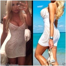 NWT Bebe Ivory White Beige Slash Lace stretchy Crochet Bodycon top dress XS S
