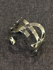 Saint Laurent YSL Logo Cuff Bracelet Silver Tone Open Bangle Statement