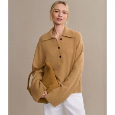 Jenni Kayne Cashmere Stevie Polo sweater camel brown medium