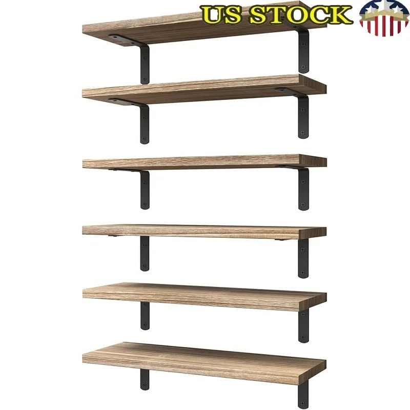 Floating Wall Shelves Set of 6 Storage Space Saving Wood Bathroom Bedroom New