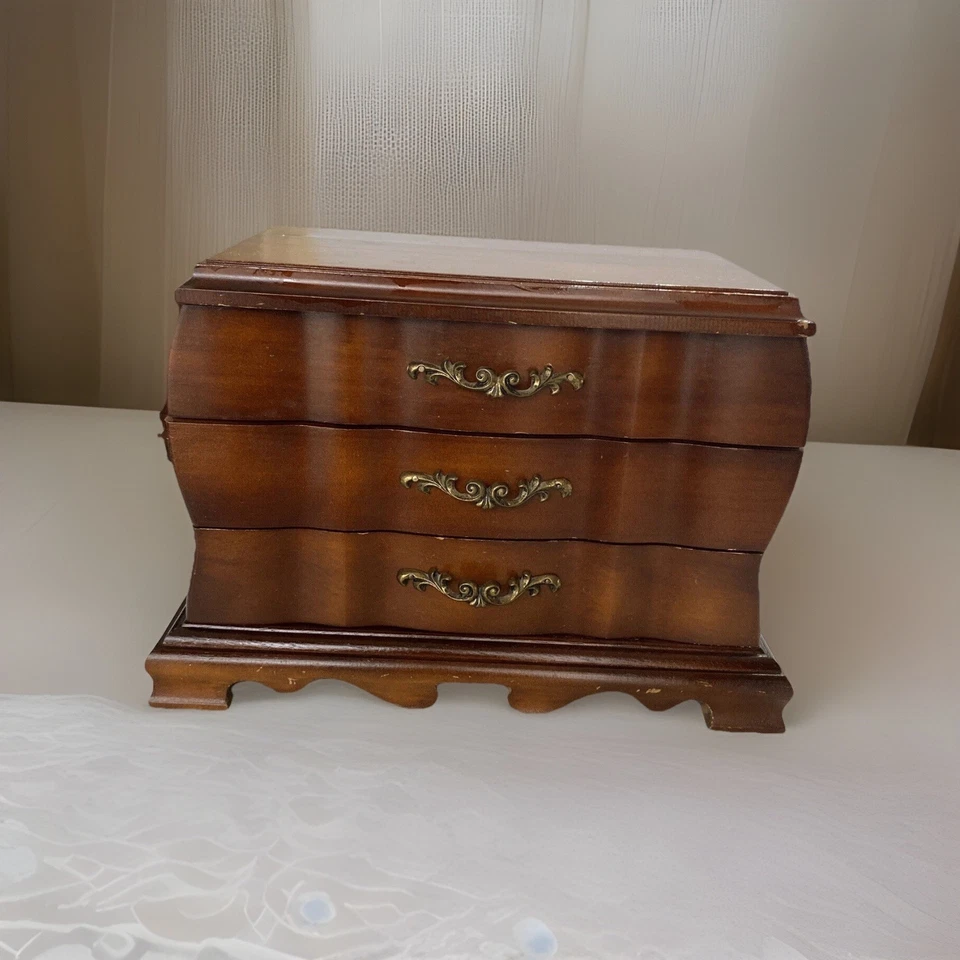 VINTAGE LARGE WOODEN JEWELRY BOX FELT LINING 3 DRAWERS JAPANESE - Image 3 of 4