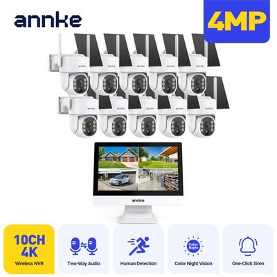 ANNKE 10CH 12'' Monitor Wireless 4MP PT Solar Security Camera System 2 Way Audio