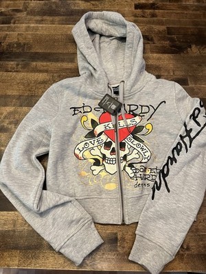 NWT Ed Hardy women s medium Gray Zip-Up Hoodie with Skull & Heart Graphic