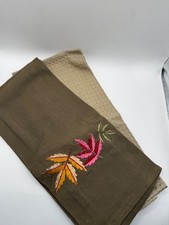 Fall Kitchen Towel Set 2 Embroidered Autumn Leaves Brown Beige Decorative Dish