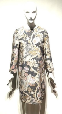 Dries Van Noten Neutral Floral W/silver Print Wool Lined Shift Midi Dress Sz 36