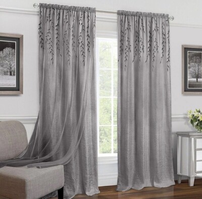NWT~ Willow Gray Organza Rod Rocket Panel Curtain 42'' x 84'' Embroidered leaf M18