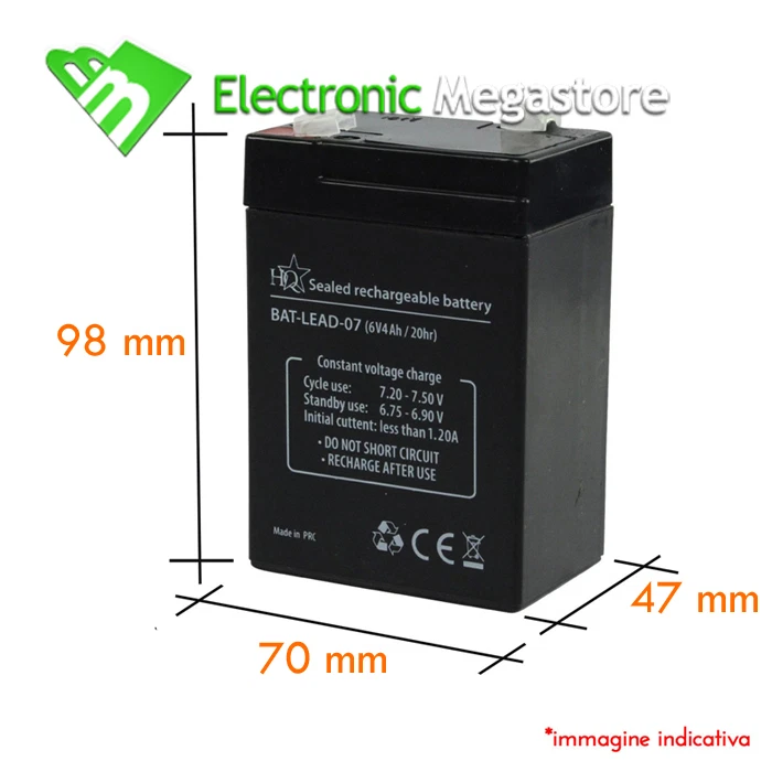 MEGATRONIC BATTERIA 6v 4Ah 4.5Ah Ricaricabile Ermetica al piombo per UPS faston 4,8mm
