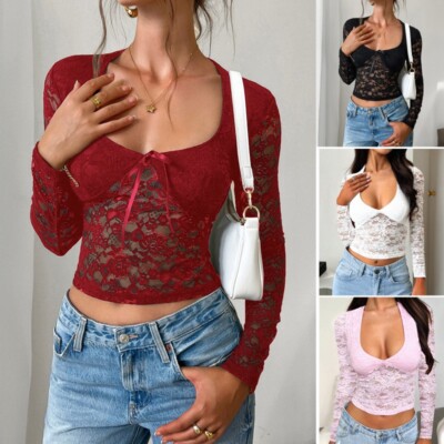 Women Lace Sheer Blouse T-shirt Top Floral Sexy Scoop Neck Long