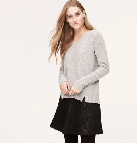 NWT LOFT Light Gray Slouchy V Neck Texture Drop Shoulder Pullover Sweater 69 PS