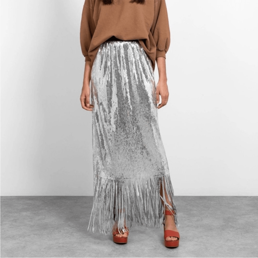 Rachel Comey Treadlight Silver Sequin Fringe Maxi Skirt sz XS
