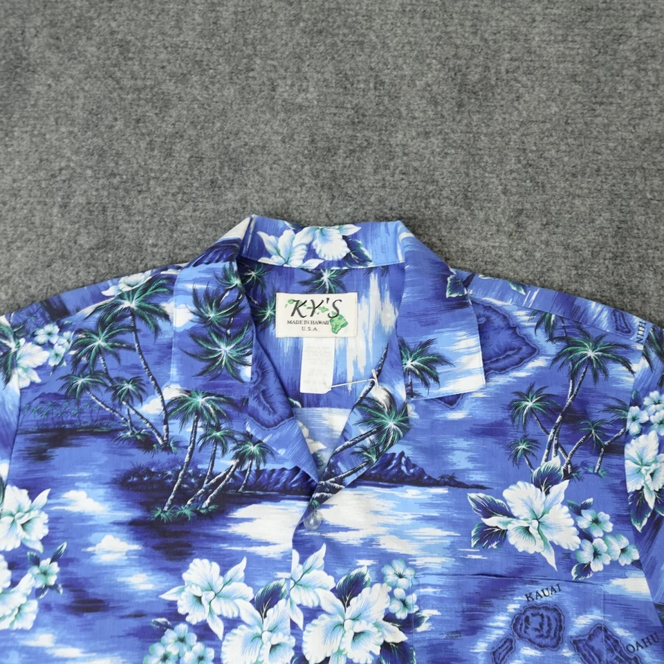 Camisa Kys Para Hombres Grande Azul Hawaiano Campamento Tropical Hecha en Hawai EE. UU. Blanca Verano Foto 2 de 4