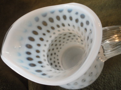 Fenton White Coin Dot Opalescent Pitcher Applied Clear Ribbed