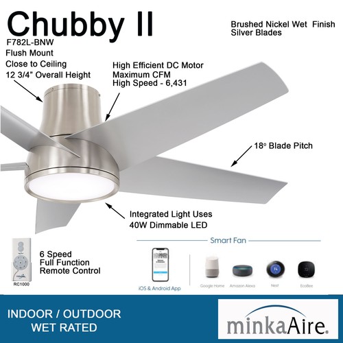 Minka Aire F782L-BNW Chubby 58" Brushed Nickel LED Outdoor Ceiling Fan + Remote - Picture 2 of 6