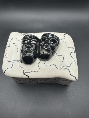 Vtg Comedy Tragedy Lidded Ceramic Black White Trinket Box