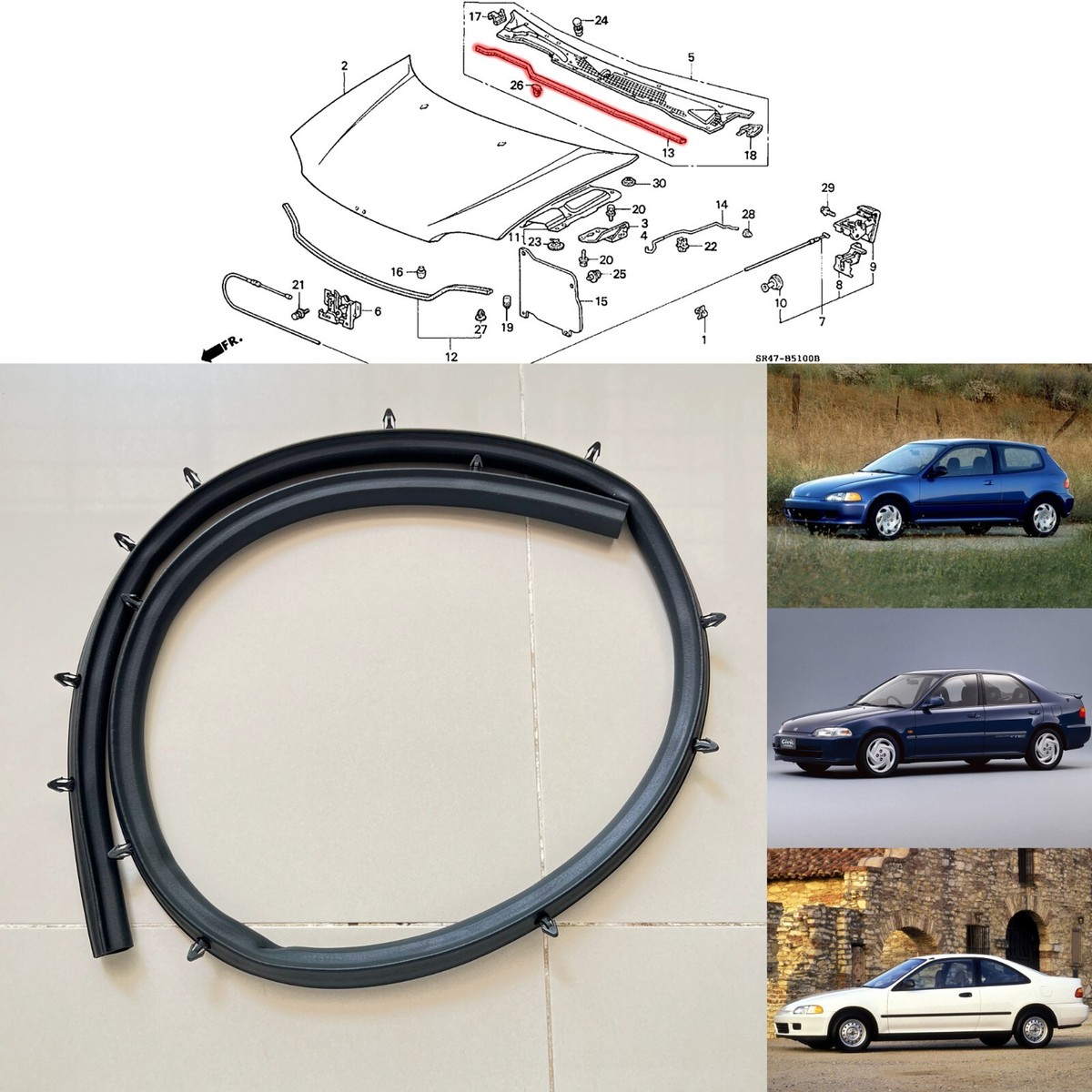 1992-1995 Honda Civic EG Front Hood to Cowl Grille Weatherstrip