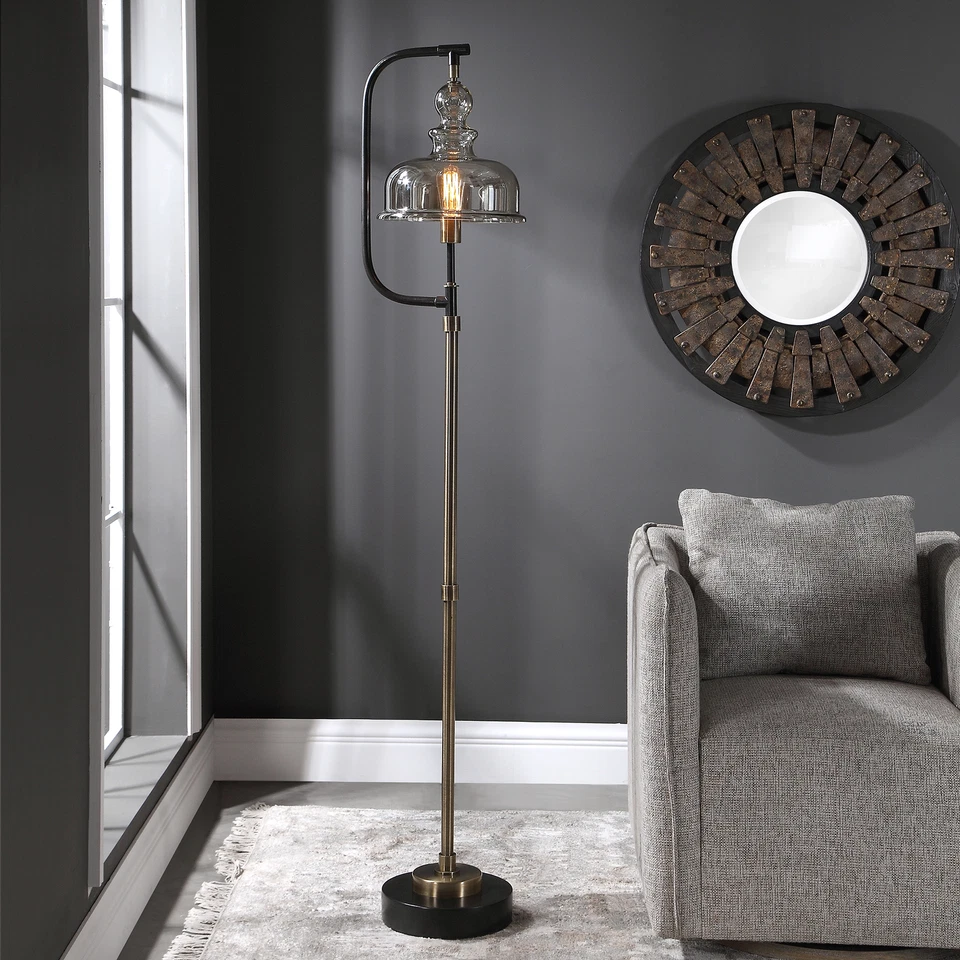 Modern Industrial Style Floor Lamp Amber Glass Bell Shade Brass Bronze Black - Image 2 of 4