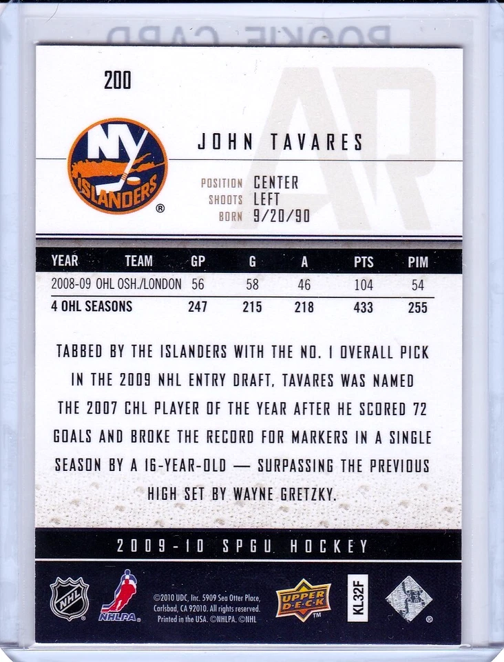 1/1? JOHN TAVARES 2009-10 SP GAME USED SPGU #200 GOLD ROOKIE RC /50 *MISPRINT*  - Image 3 of 3