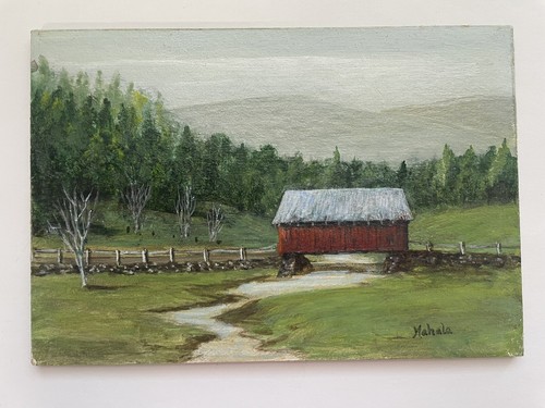 Covered Bridge MAHALA Acrylic Painting SMALL Unframed Realistic 5" x 7” Vintage - Picture 4 of 10