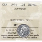 Canada 1944 10 Cents Dime Silver Coin - ICCS MS-63
