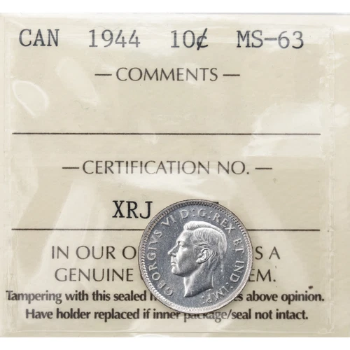 Canada 1944 10 Cents Dime Silver Coin - ICCS MS-63