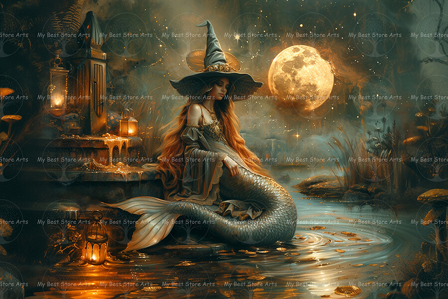 額装品/Ghost of/メリケ・エストナ/アート/ポスター/インテリア MERMAID WITCH ART PRINT, Wall Decor Siren Moon Poster, Gothic