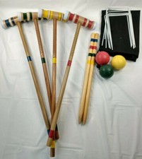 Vintage Wooden Croquet Set w/ Bag 4 Player Mallets 3 Balls 9 Wickets 2 Posts 90 