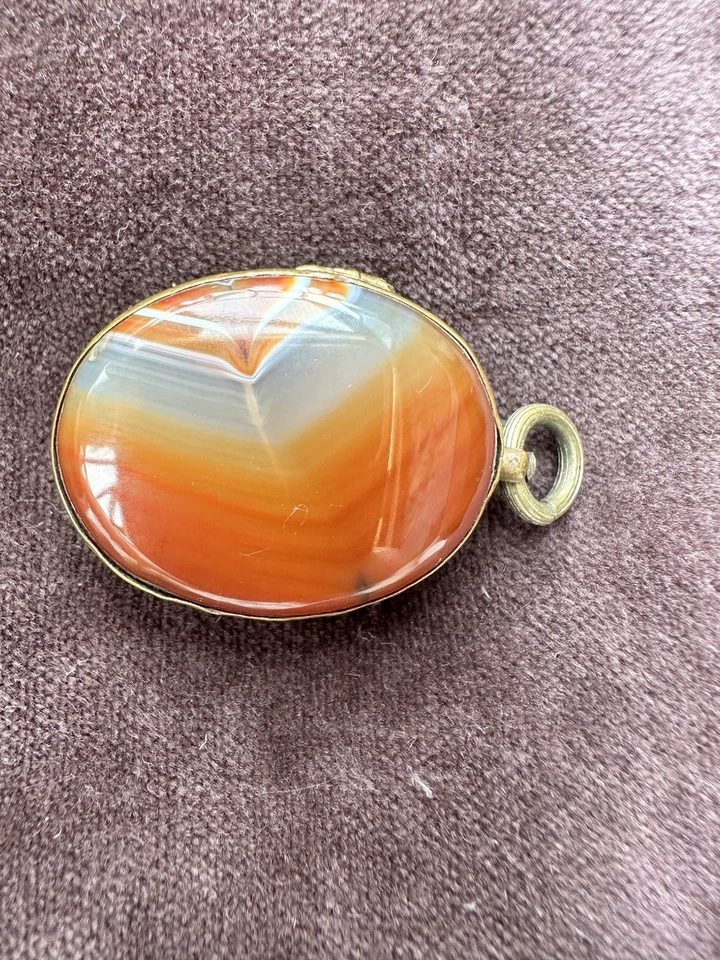 Antique Victorian Banded Agate Locket Pendant Carnelian Orange White Oval C1880 - Image 1 of 4