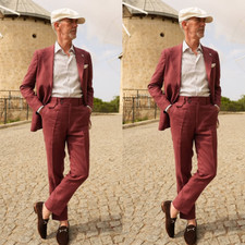 Linen Mens Suits Summer 2Pcs Coat Beach Jacket Leisure Notch Lapel Casual Blazer