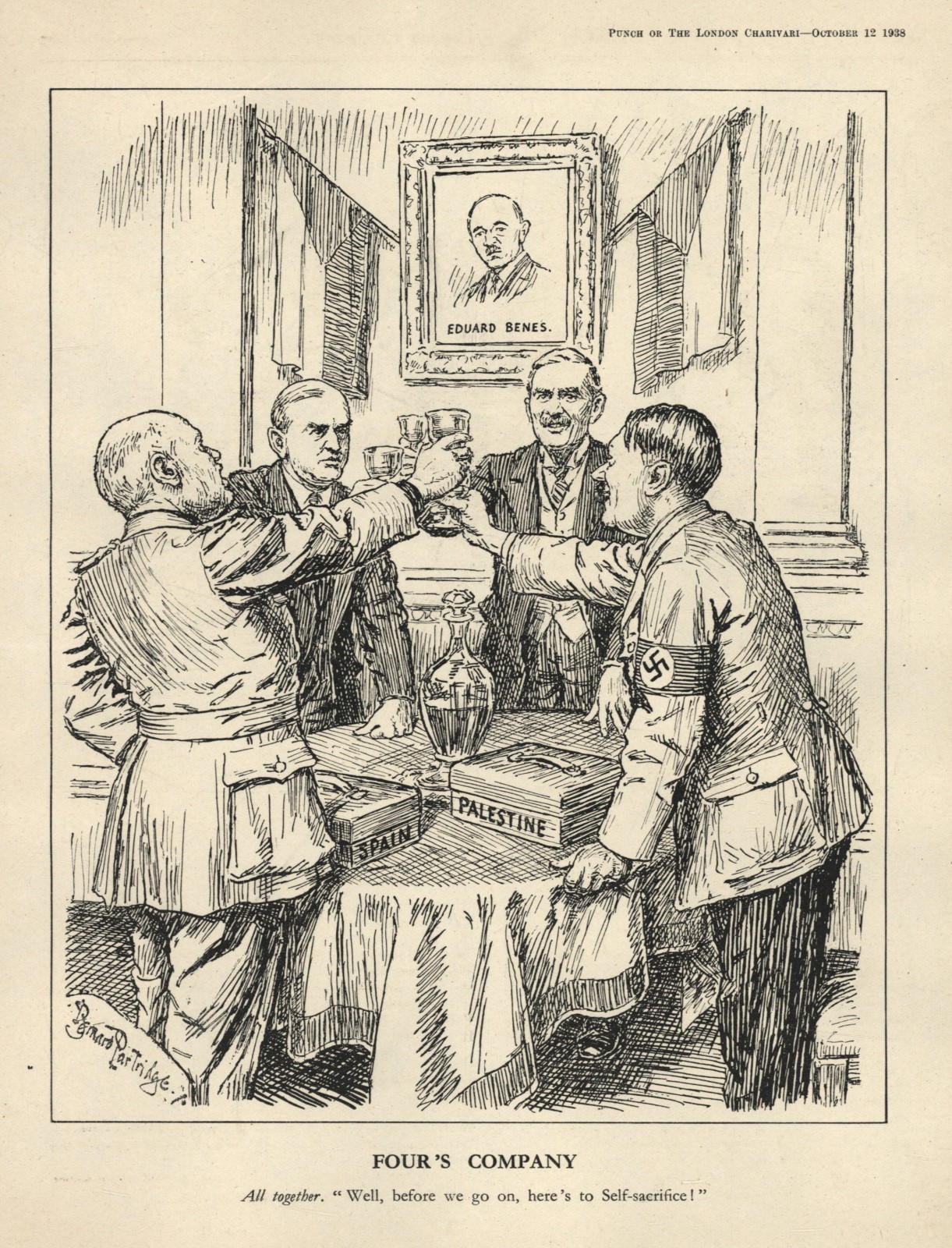RARE 1938 British CARTOON - Hitler/Chamberlain/Daladier/Mussolini – APPEASEMENT