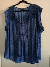 SIGNATURE STUDIO 3X Blue Sleeveless Tunic Top Tassel Ties Lace Trim