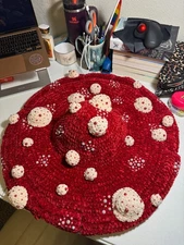Crochet Red Mushroom Wide BrimHat with Pearls – Adult Costume Cosplay Toadstool 