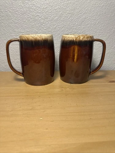 Pair Of Vintage Hull Brown Drip Glaze Coffee/Beer Mugs