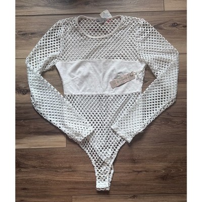NWT Iris Basics White Open Knit Mesh Bodysuit Small Beach Festival Top