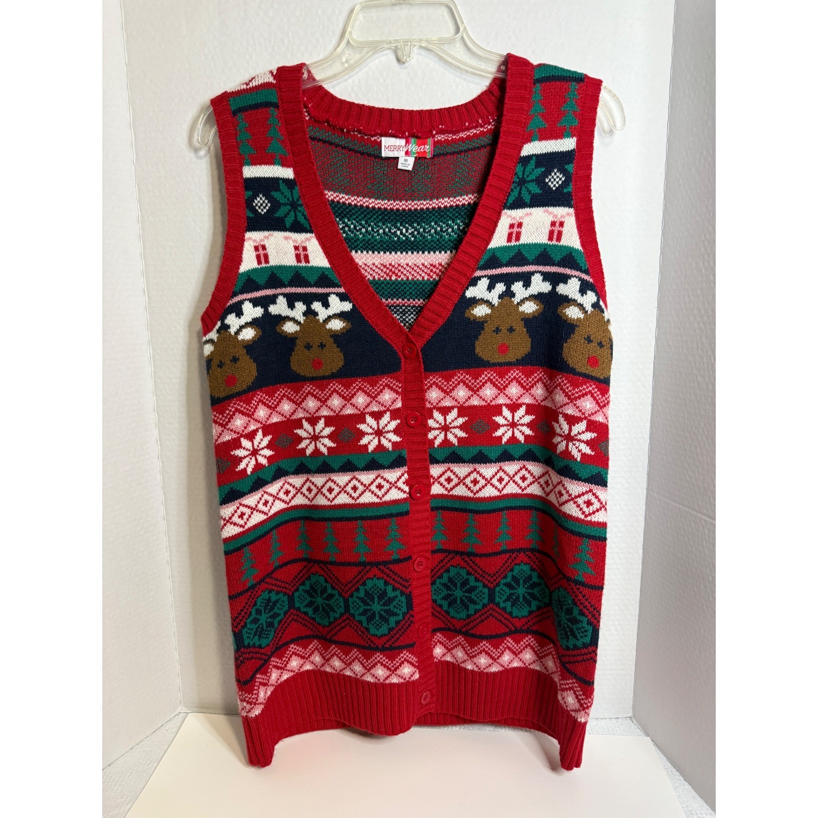 MerryWear Mens Red Fair Isle Reindeer Ugly Christmas Sweater Vest V-Neck Medium