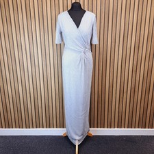 Roman Plisse Maxi Dress Silver Metallic UK 10 Faux Wrap Sheer Lined  - New
