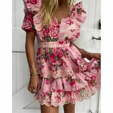LoveShackFancy Aldina Mini Dress Pink Desert Floral Tiered Crochet SZ XS NWT
