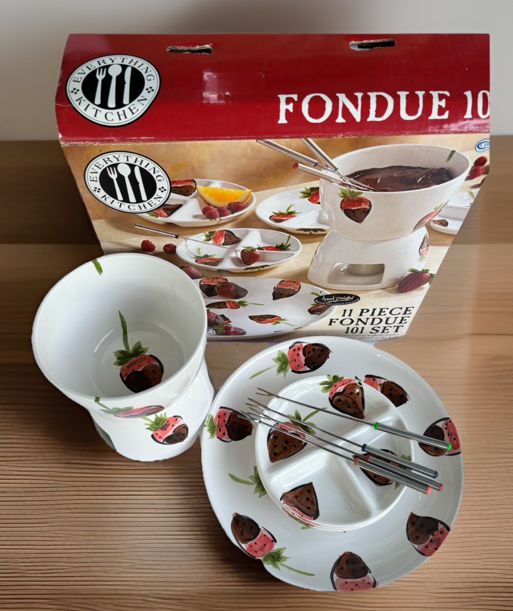 11pc Tabletops Ceramic Chocolate Strawberry Fondue Set Pot Platter Plates Forks