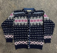 Vintage LL Bean Fair Isle Navy Nordic Cardigan Sweater Womens S Made in USA